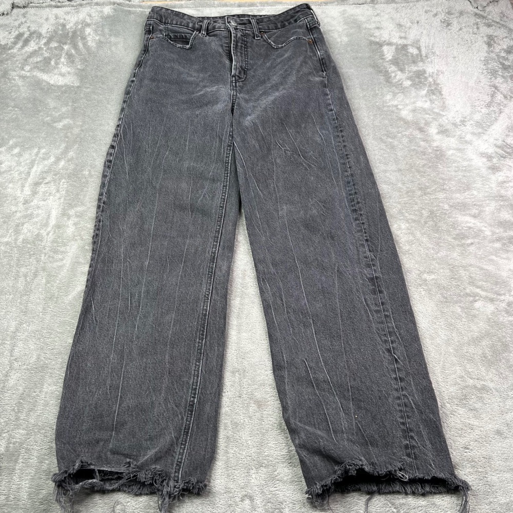 Old Navy Sky-Hi Wide Leg Jeans Womens 4 Black Faded Raw Hem Extra High Rise